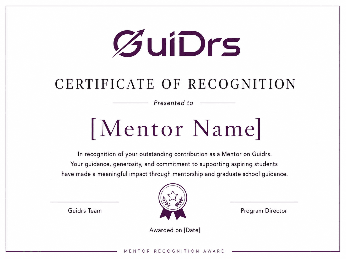 GuiDrs mentor Certificate of Recognition